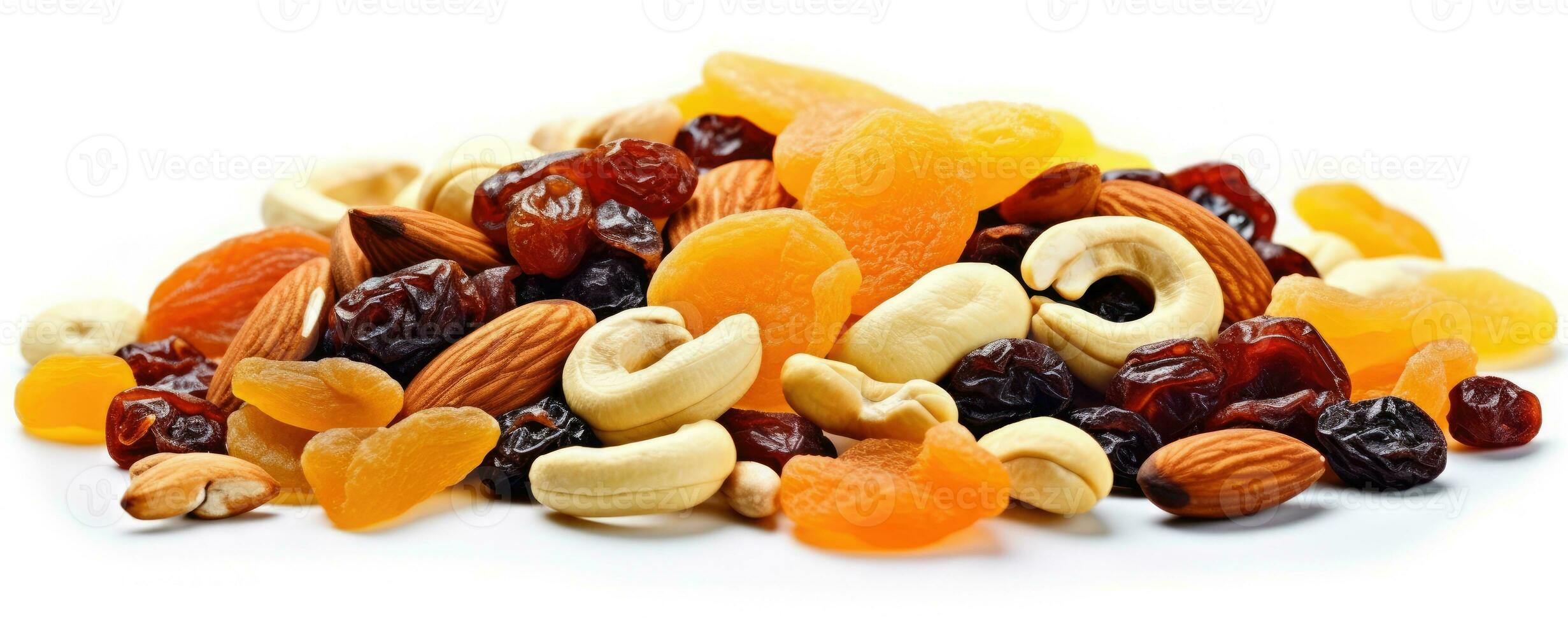 Footer of mix dry fruit on white background, AI Generated photo