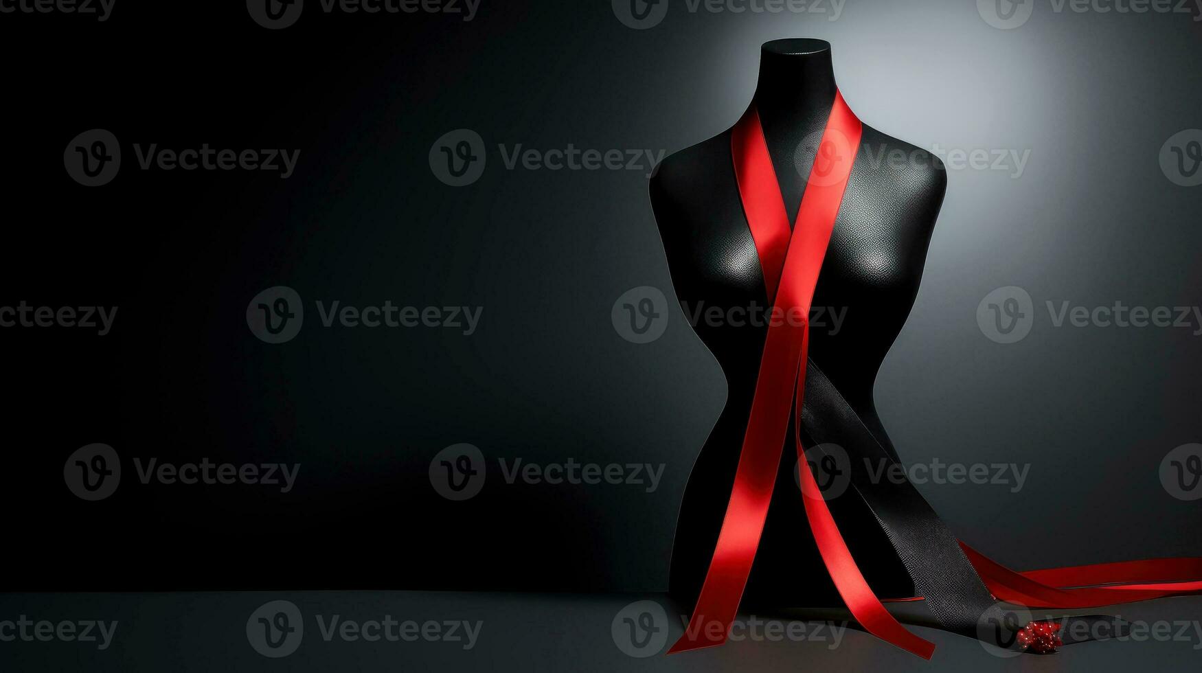 Red ribbon on dark background, World AIDS Day, concept of helping those in need, Generative AI illustration photo