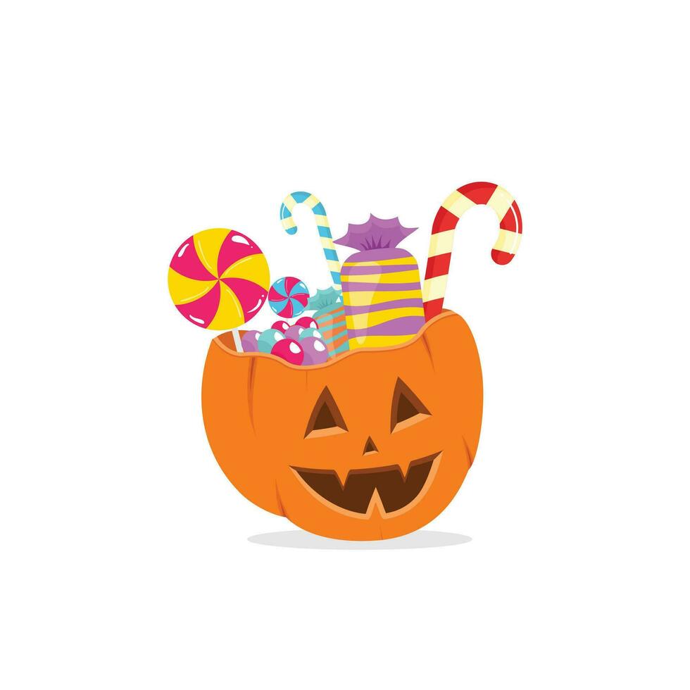 Halloween pumpkin with candies. Cartoon sweets pumpkin basket, lollipops, jelly treats and candy cane vector illustration.