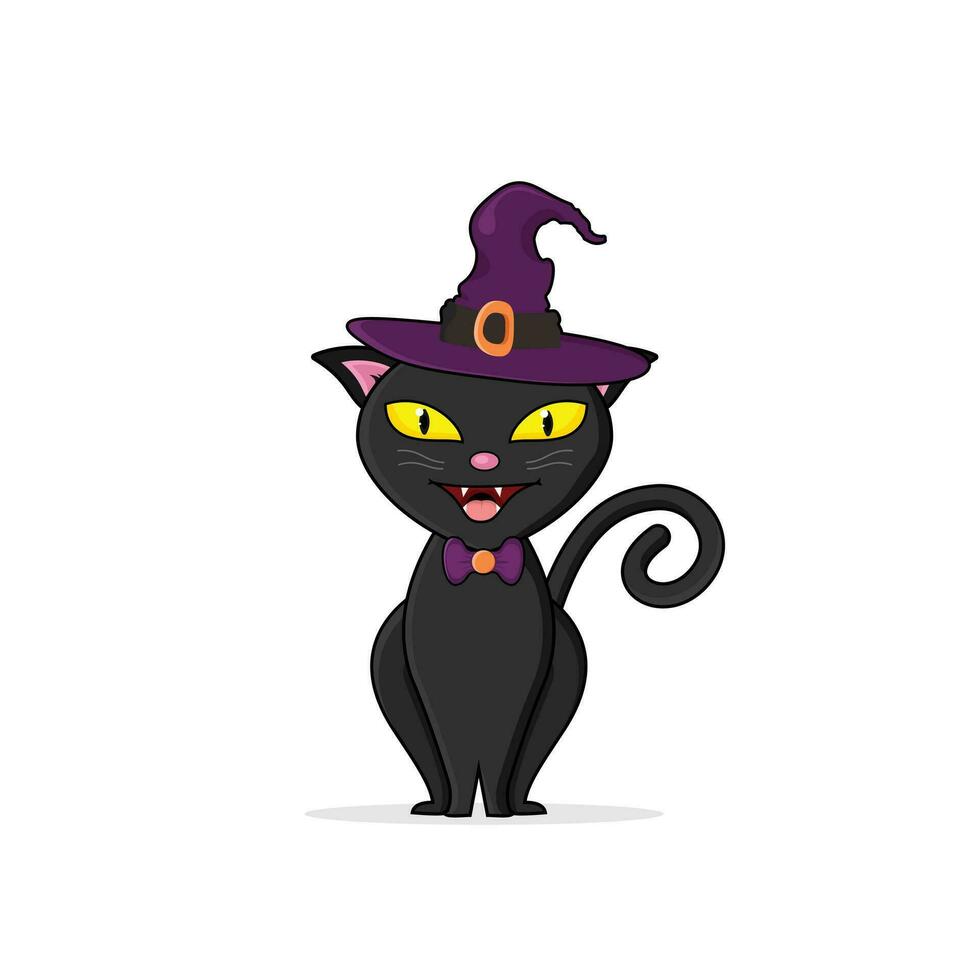 cartoon anime funny cat black color character in halloween season wear witch hat and drawing, happy cute, art, animal, kitten, pet, graphic, kitty, vector
