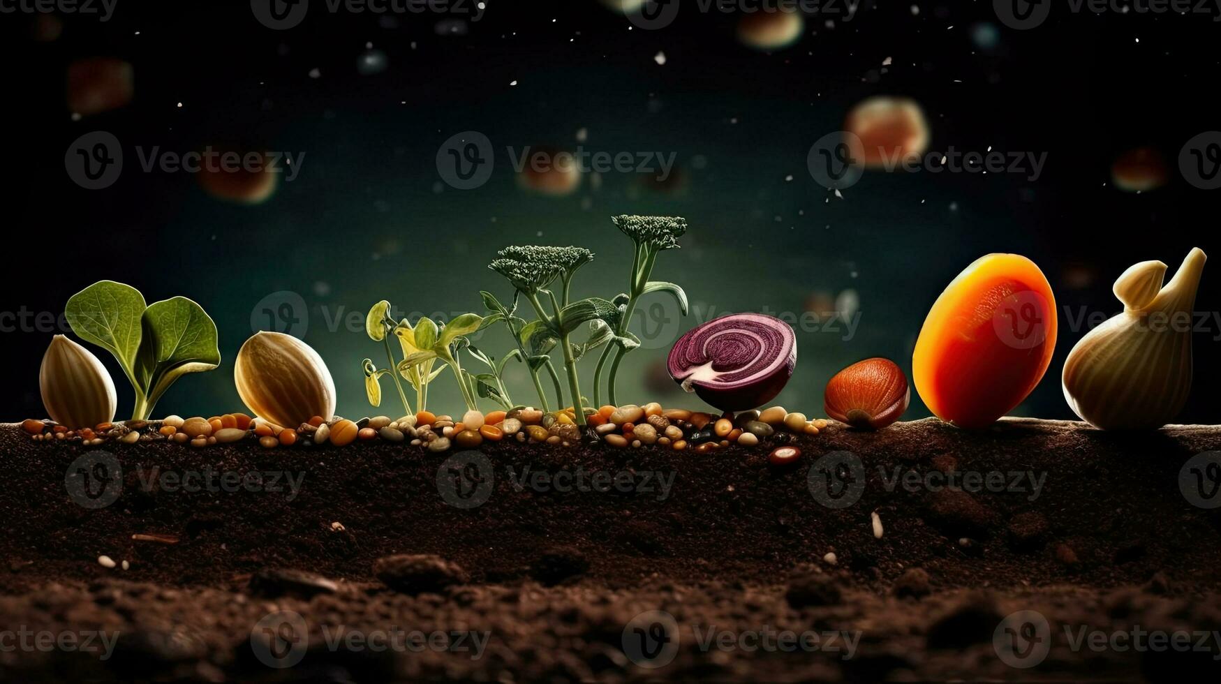 Germinating Seeds of Vegetable on the Earth in various seasons, AI Generated photo