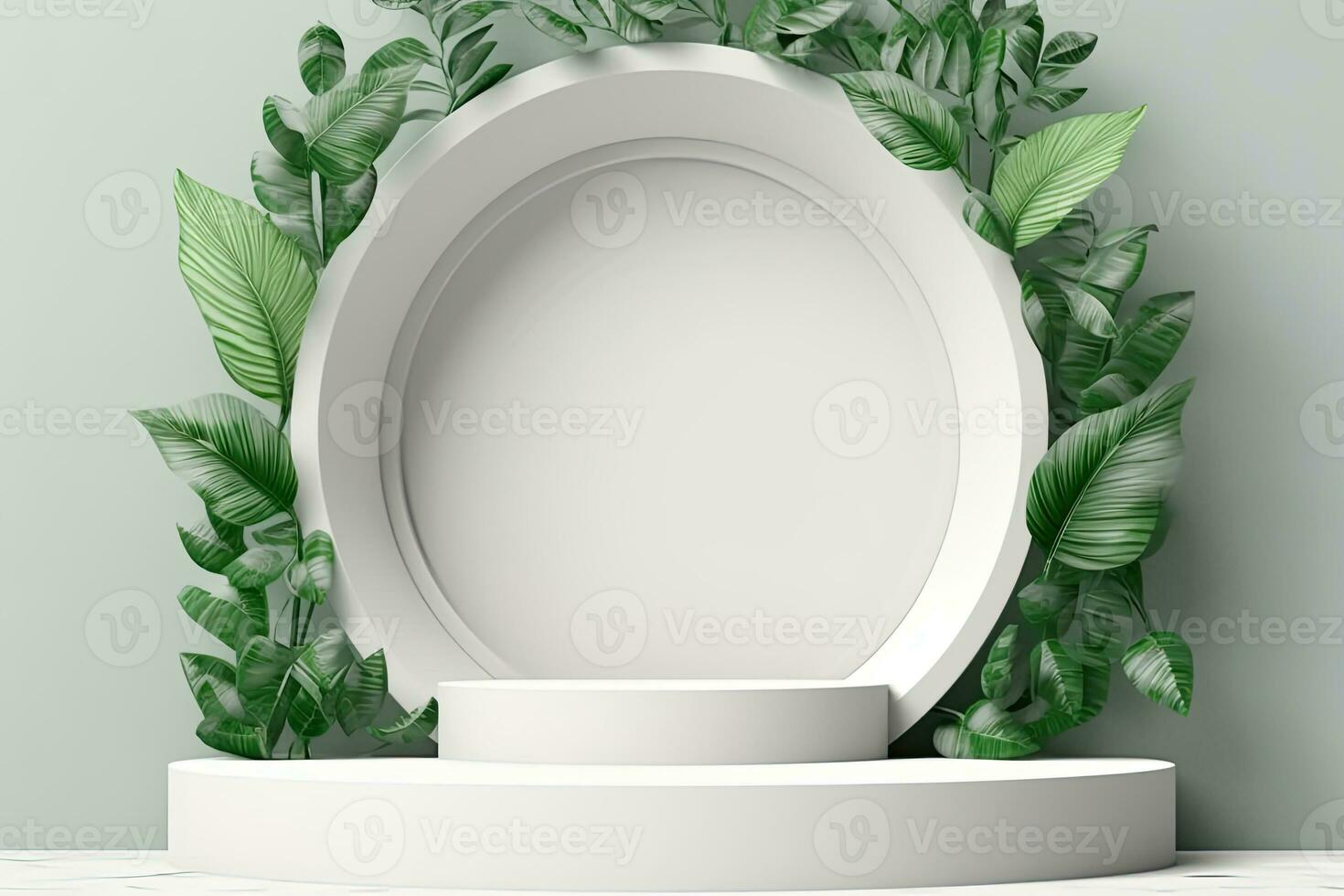 A white round podium with a plant in it and a white vase with a green plant in it photo