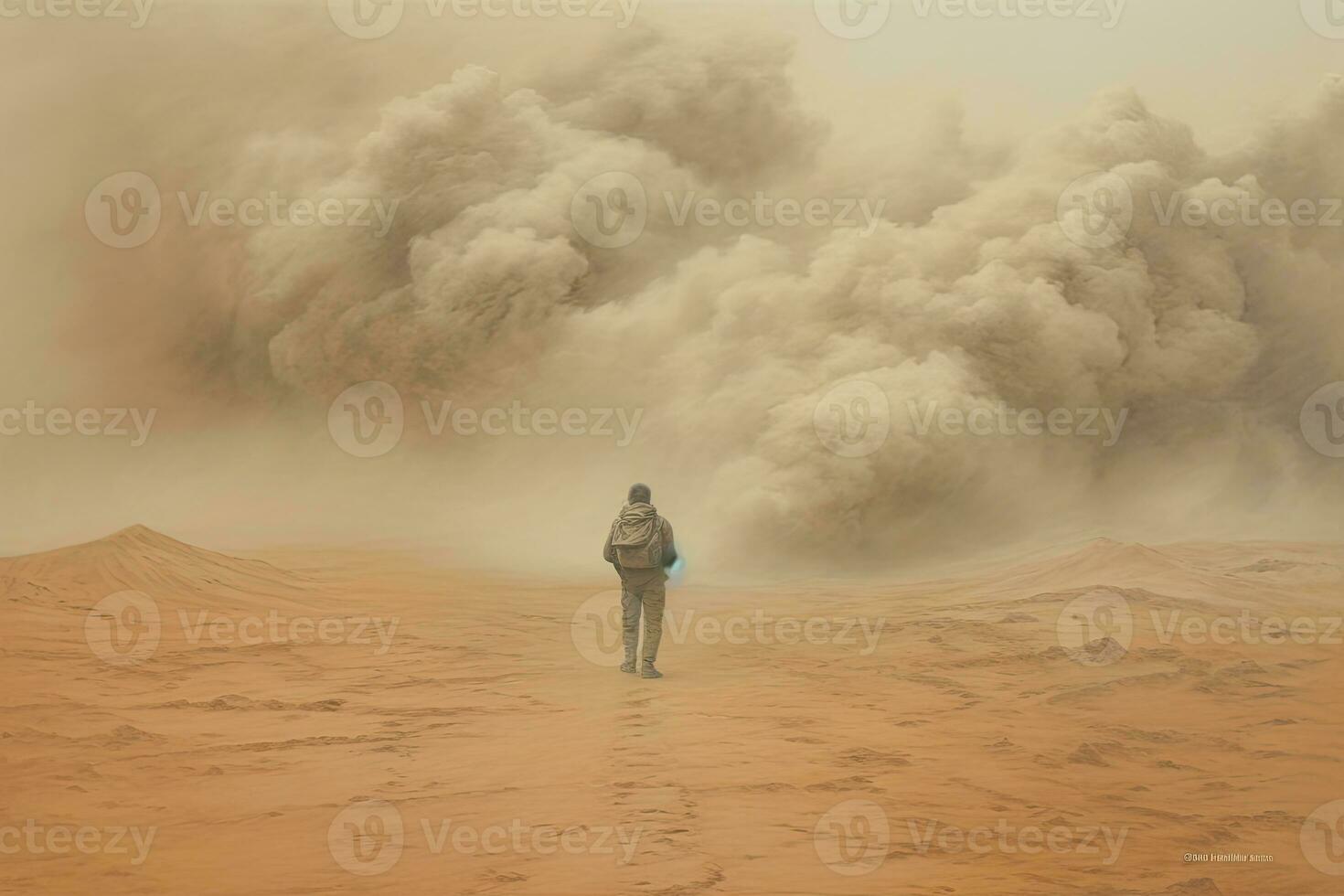 A Painting of people running in a dust storm, Generative AI photo