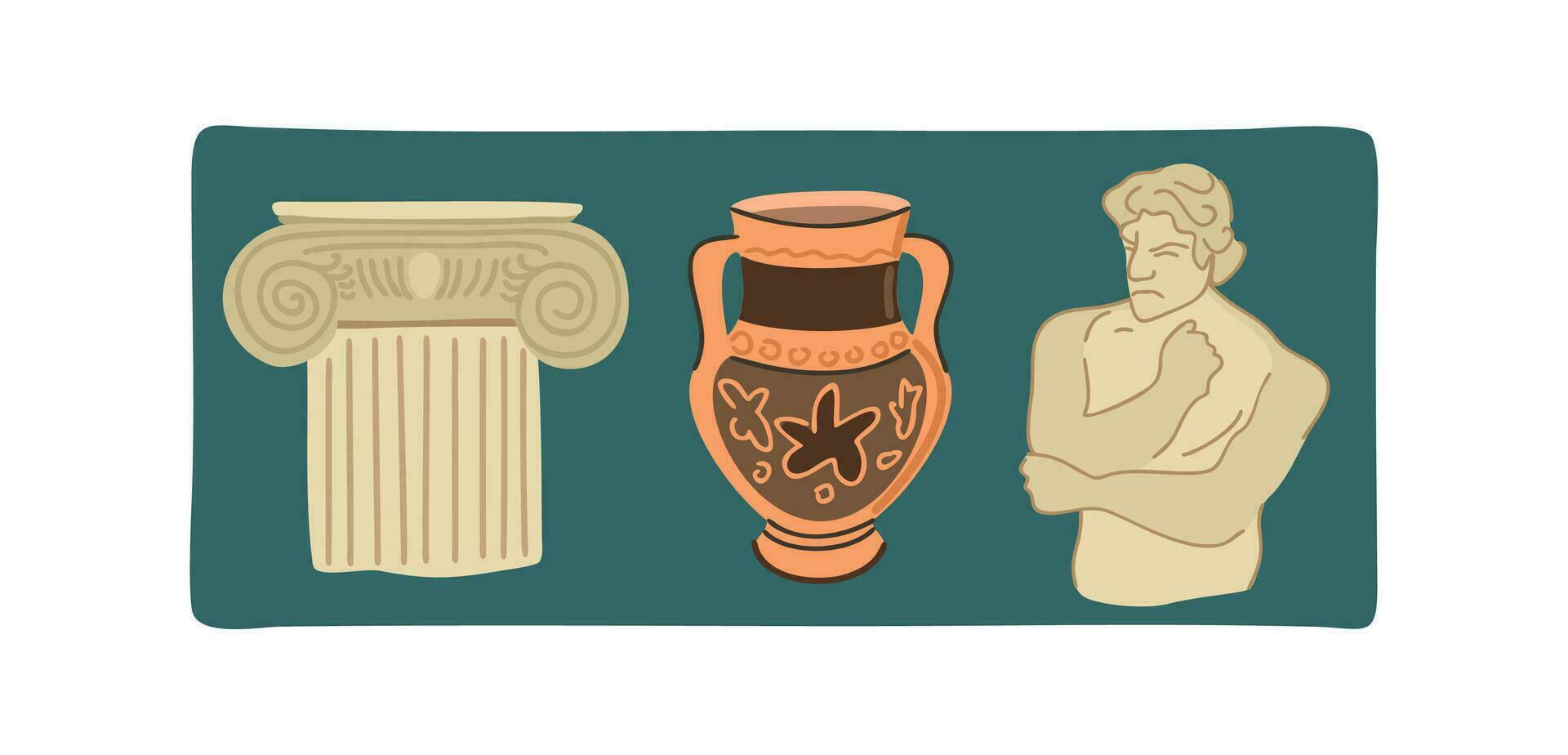 Antique set. Column, vase, statue. Vector illustration isolated on dark green background.