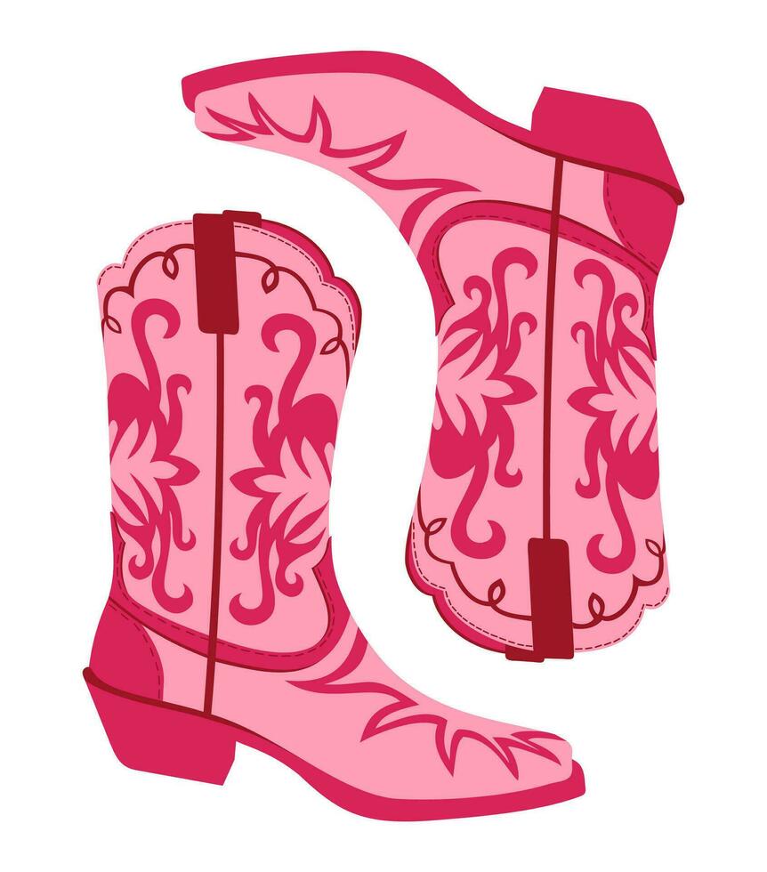 Retro cowgirl boots. Vector isolated illustration. Pink glamour footwear. Pinkcore concept.