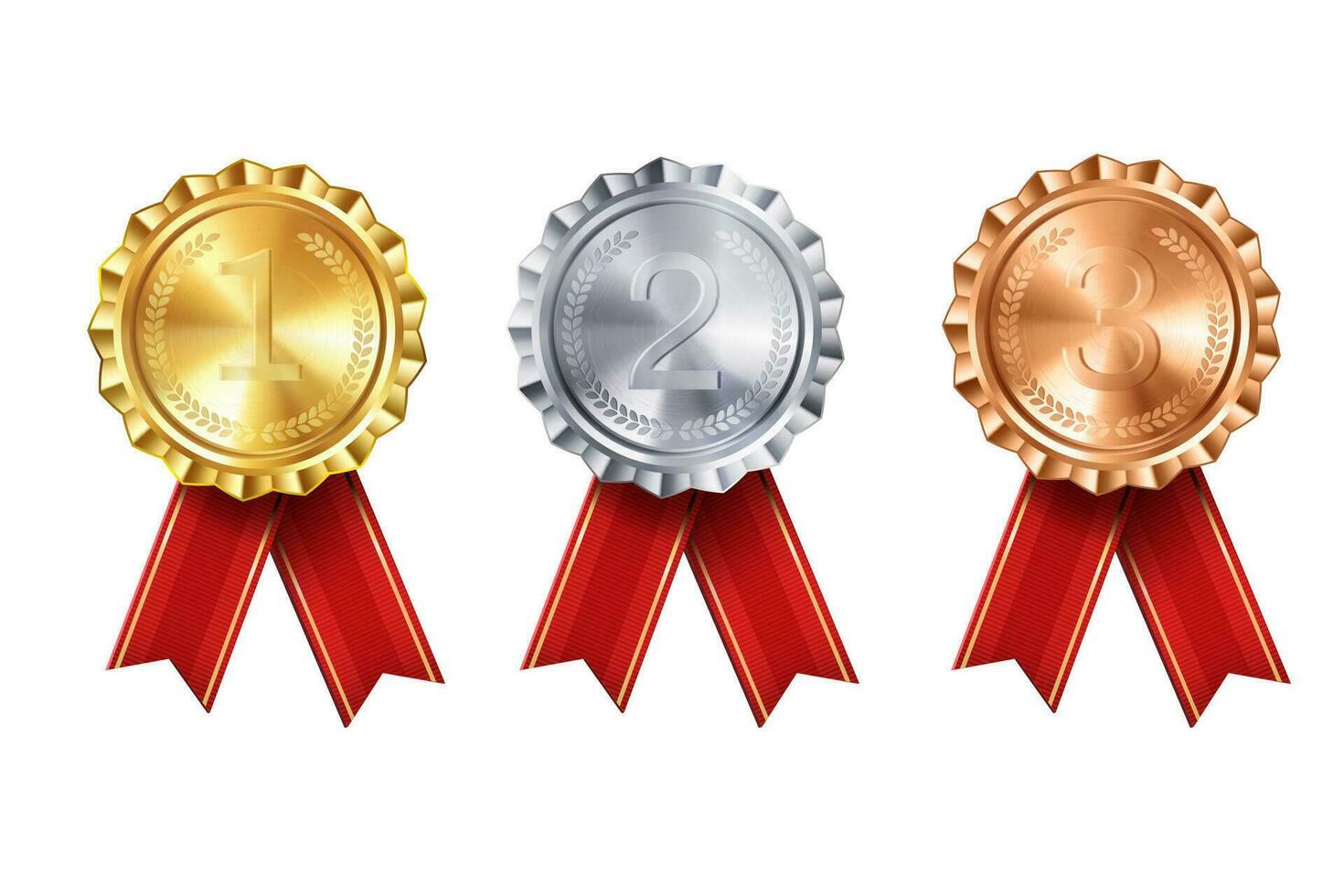 Realistic Collection of gold, silver, and bronze award medals with red ribbon rosettes and engraved numbers. Vector set. Premium badges for winners and achievements