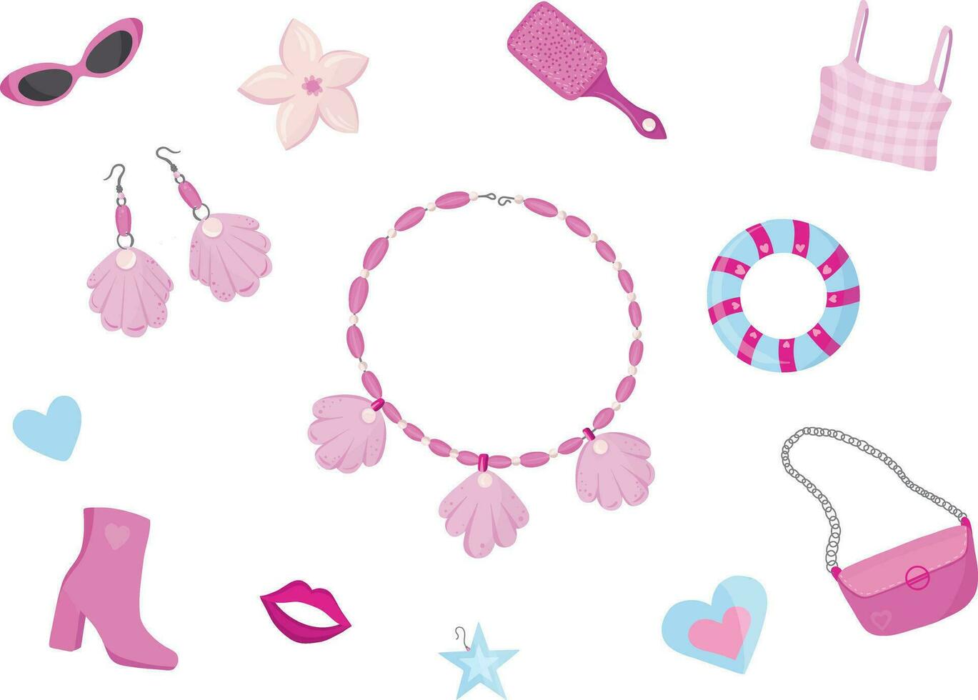 Set of trendy pink doll. Aesthetic accessories and clothing vector