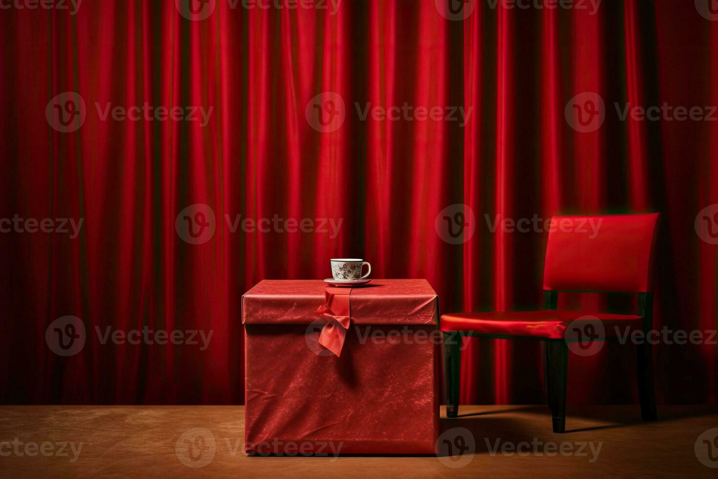 A red box with a red envelope on a table in front of a red curtain photo