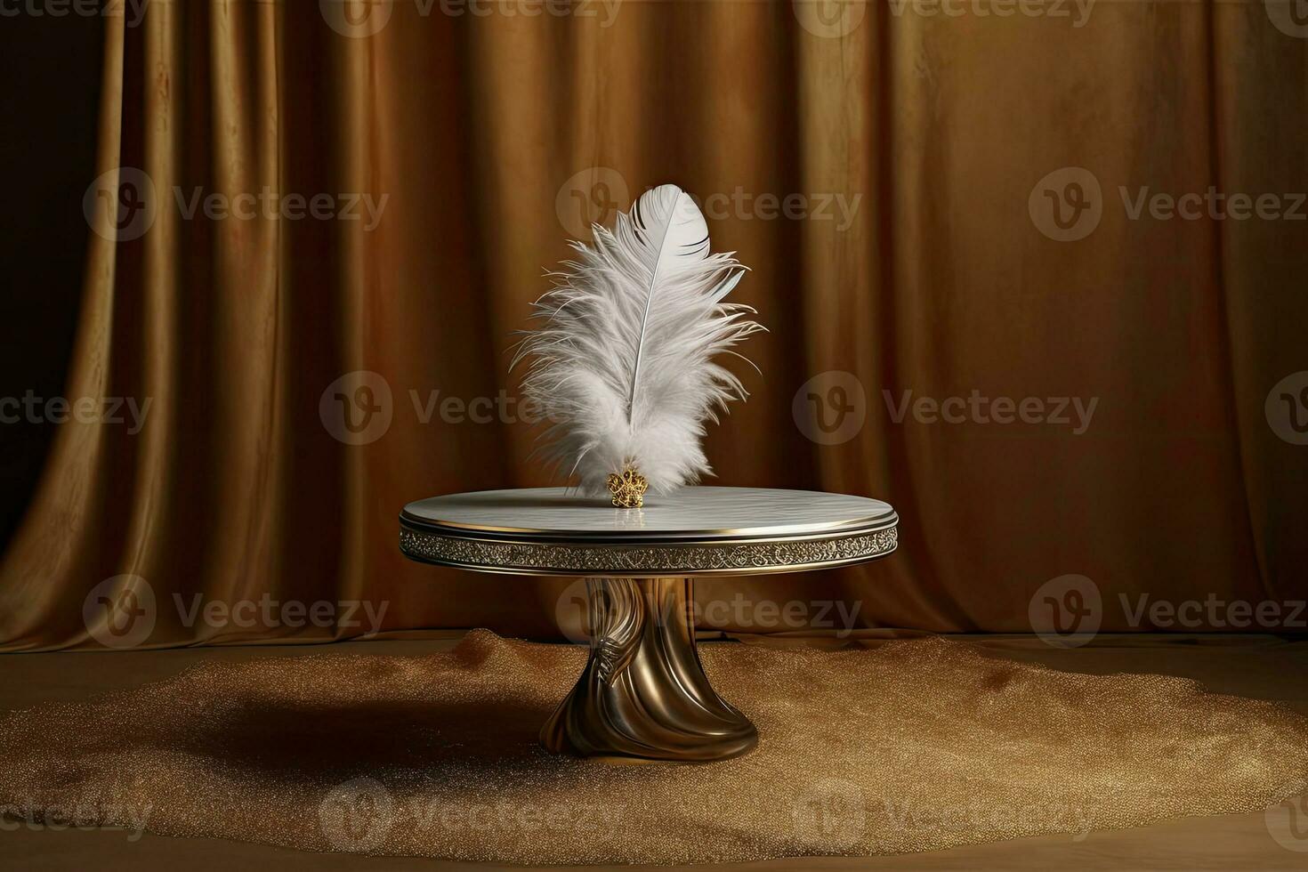 A Luxury podium, round gold and silver table with a feather on it photo