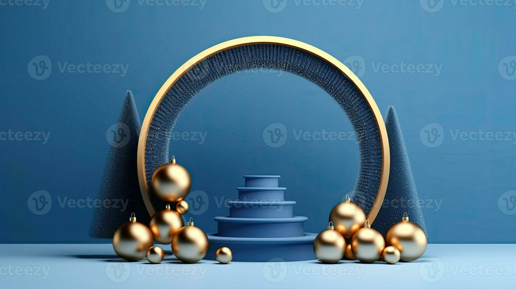 Stunning 3D Render of Blue Podium with Gold Arch Christmas Tree Decorations, AI Generated photo