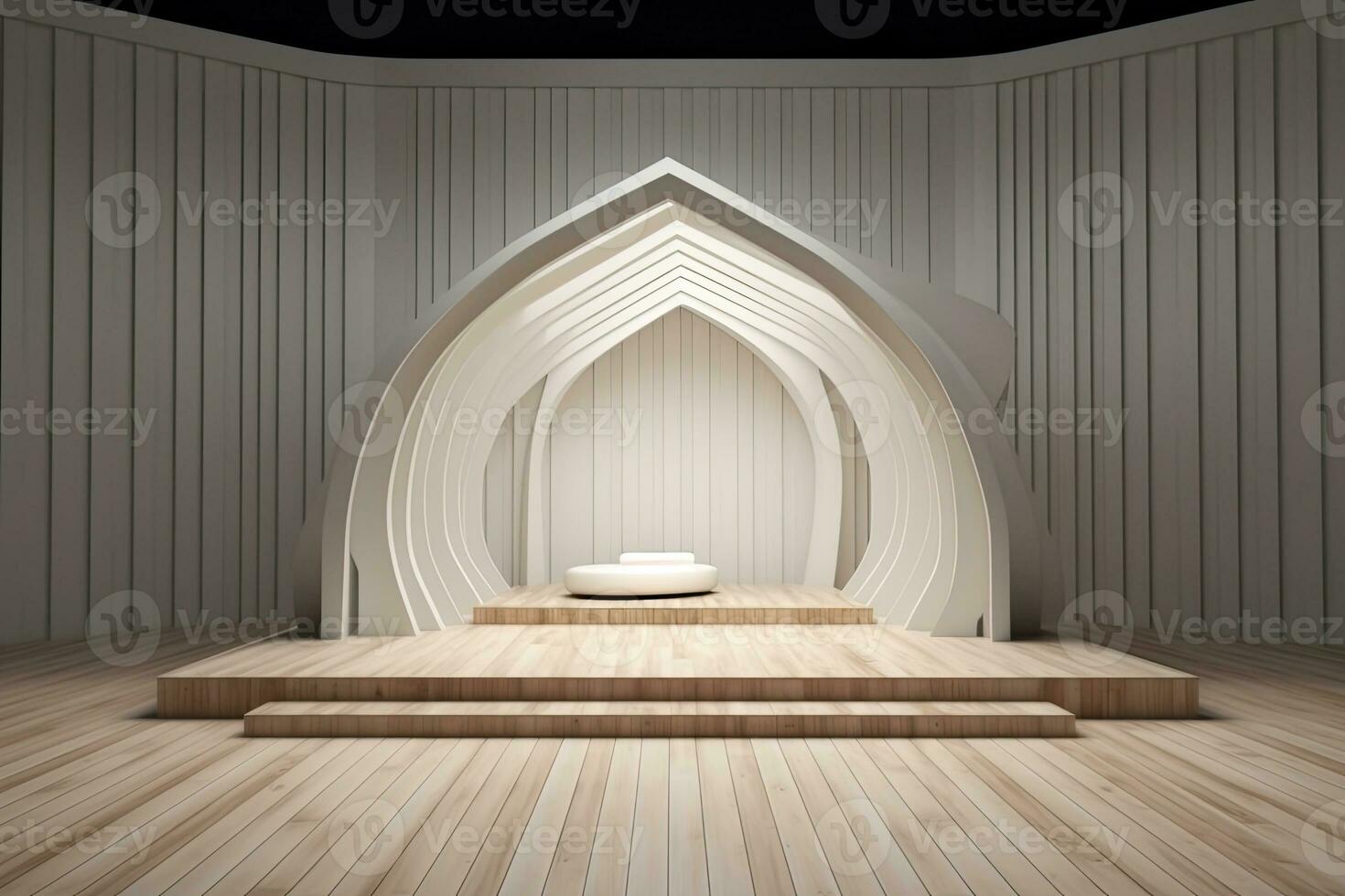 3d stage with a white background and a wooden structur photo