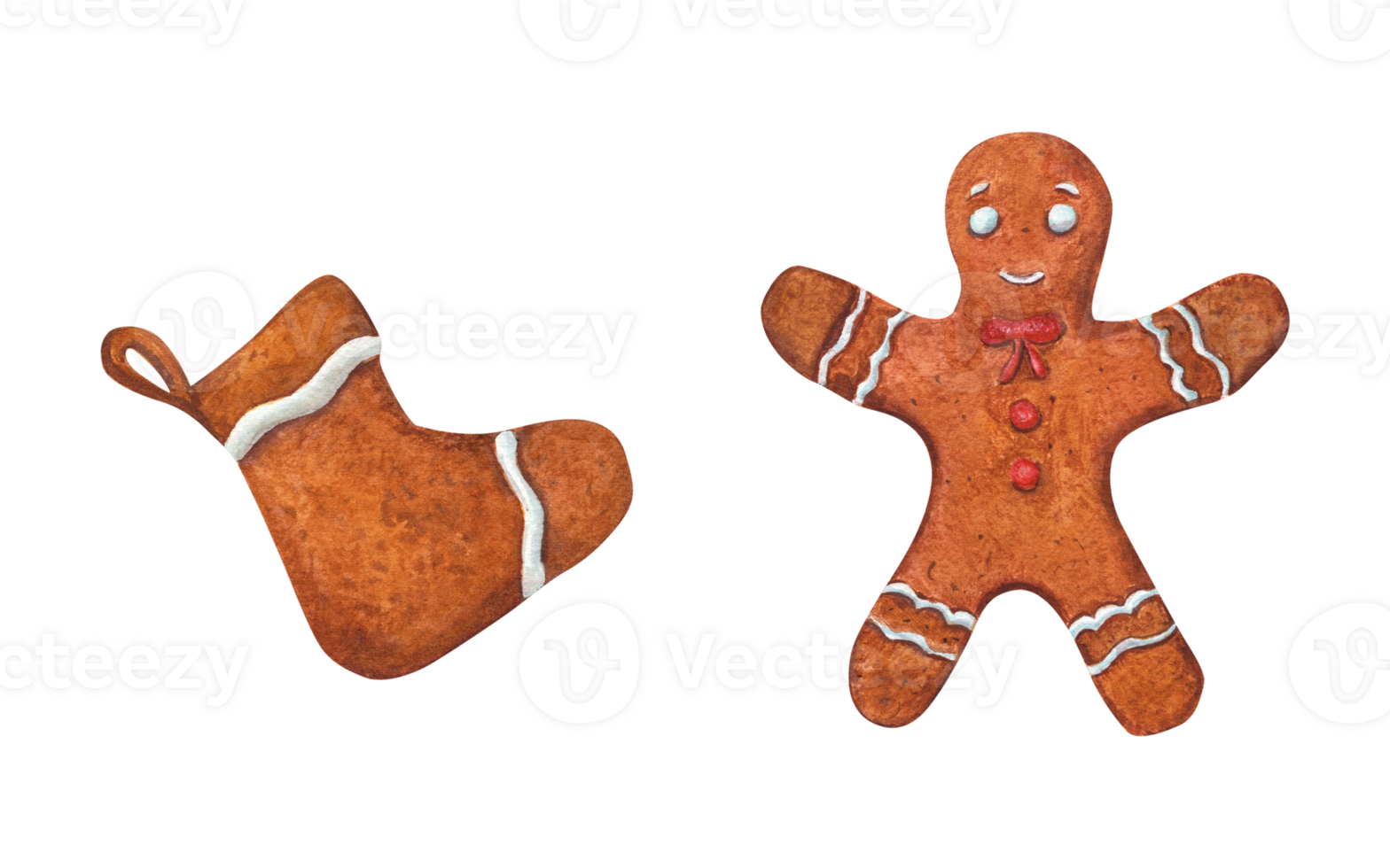 Watercolor Xmas gingerbread pastries decorated with white icing. Illustration of new year and Christmas cookies. Hand drawn sock, gingerbread man png