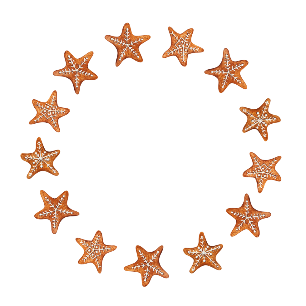 aguarela guirlanda do Natal Pão de gengibre estrelas decorado com branco gelo. botânico ilustração para cartão postal projeto, Natal e Novo ano cartões png