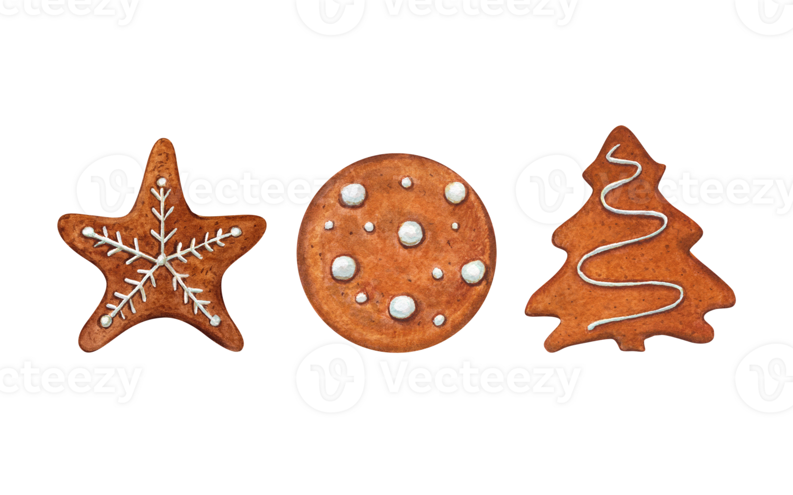 Set of watercolor Xmas gingerbread cookies decorated with white icing. New year and Christmas pastries. Hand drawn illustration of round cookie, star, spruce png