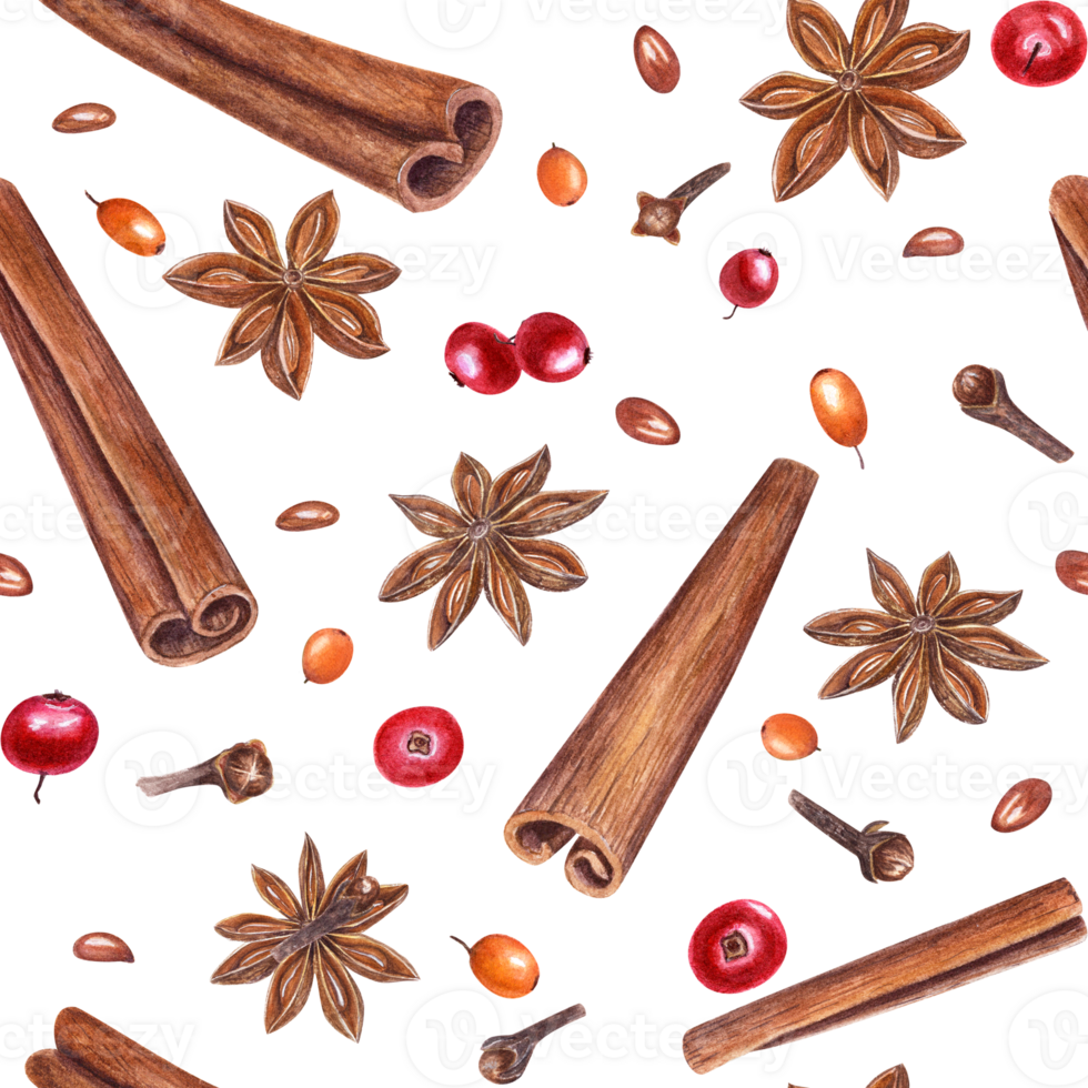 Watercolor Christmas and New Year seamless pattern of cinnamons, star anises, cranberries, sea buckthorn and cloves. Illustration for room decor, print, textile design. png