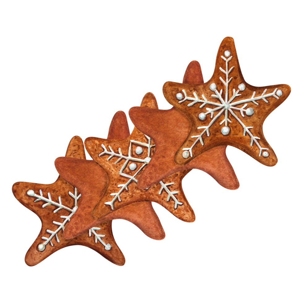 Set of watercolor Christmas gingerbread stars decorated with white icing. Traditional pastries for Christmas and New Year cards, greetings, templates png