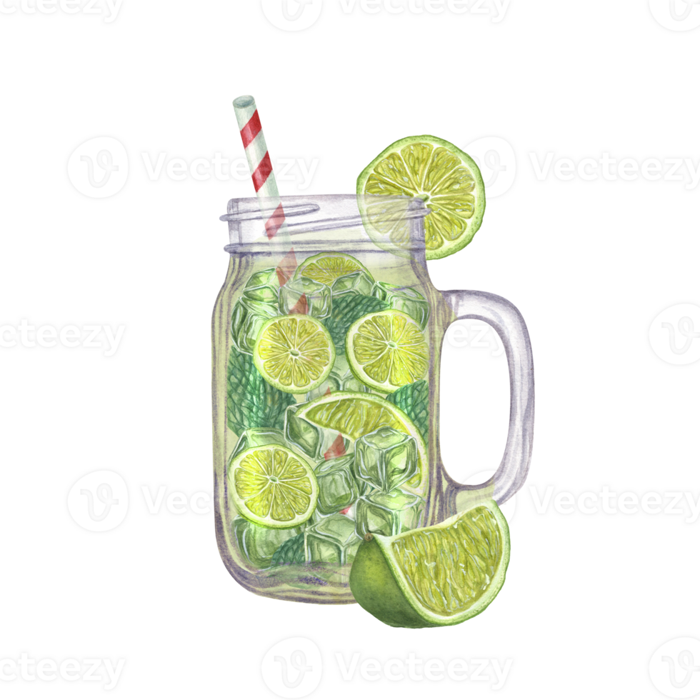 Watercolor summer refreshing mojito. Lime slices, Mint leaves, Ice cubes, drinking Straw, glass Jars, tonic. Illustration for menu, cocktail party, flyer png