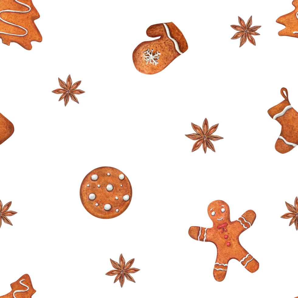 Seamless pattern of watercolor Christmas gingerbread cookies. Illustration of gingerbread man, sock, mitten, spruce and star anise for room decor, print, textile design. png