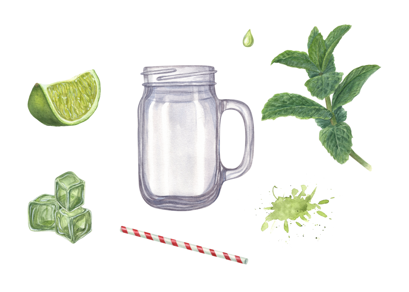 Set of watercolor ingredients for refreshing mojito. Food illustration of Lime slice, Mint, Ice cubes, drinking Straw, glass Jar, tonic Drops. png