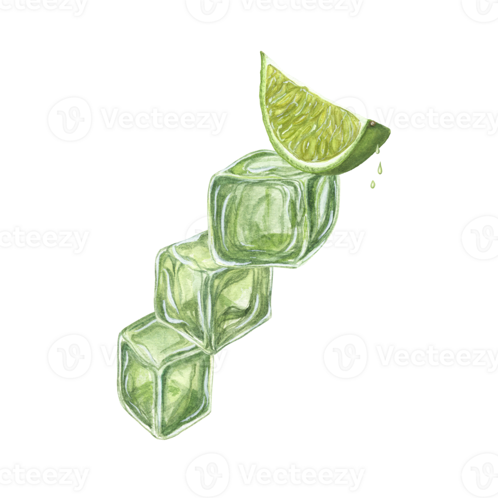 Watercolor concept of balance with pyramid of ice cubes and fresh lime slice on top. Illustration for menu, cocktail party, flyer, for the design of postcards png