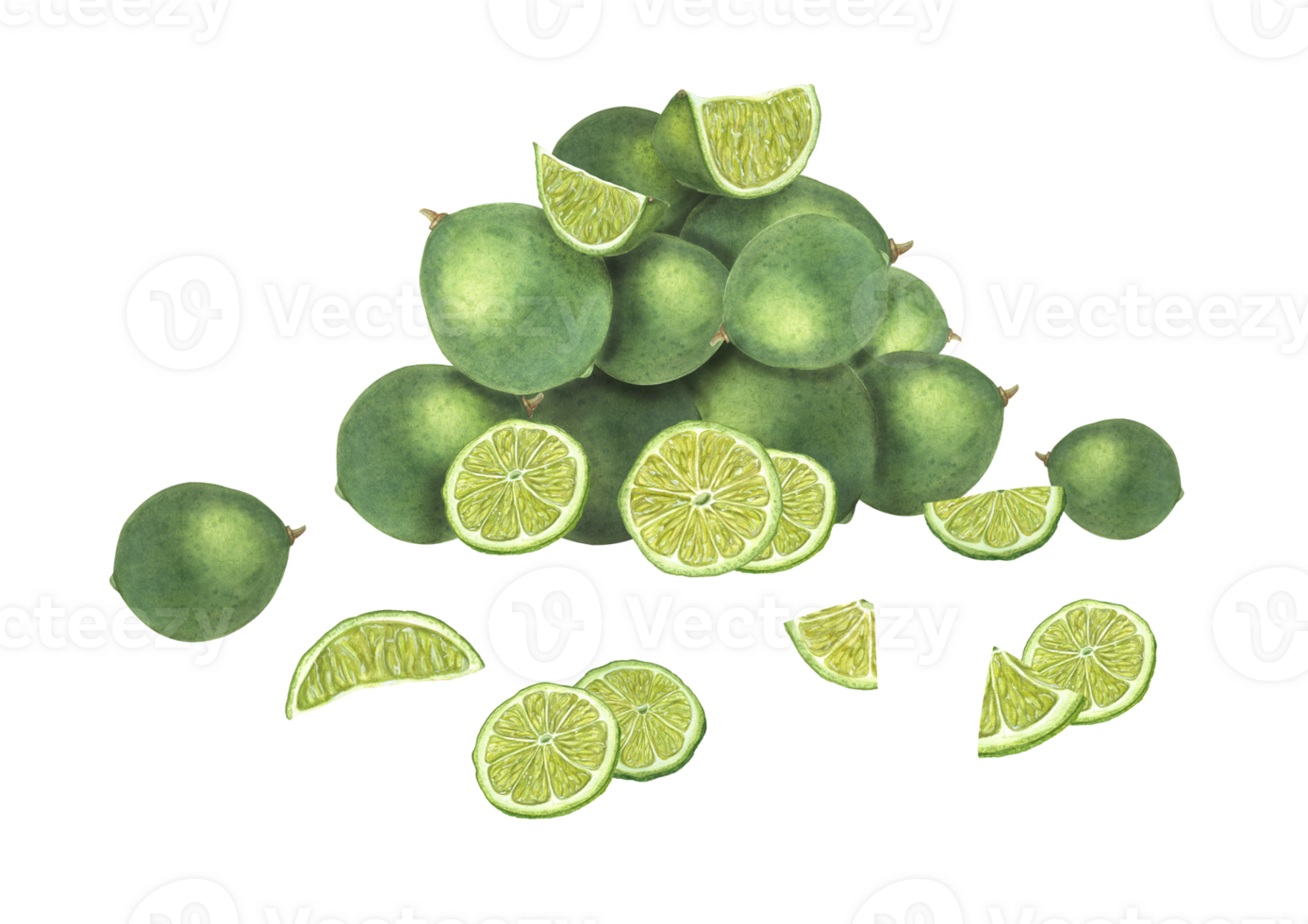 Composition with slices and whole limes. Ripe fragrant fruits. Citruses folded in a slide. Botanical illustration for menu, cocktail party, flyer, posters png