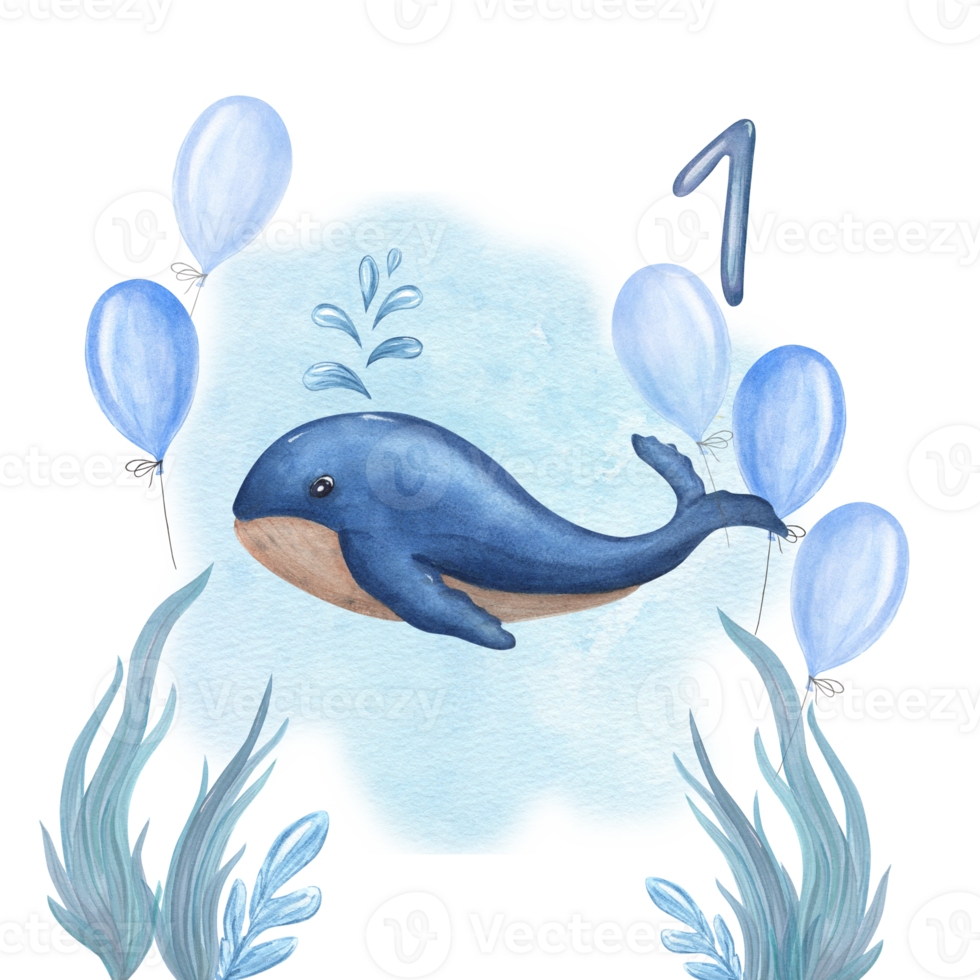 Watercolor card for childrens birthdays with cute blue dolphin, abstact seaweed, balloons. Hand painted illustration for greeting card, poster, postcard, for nursery, kids room decor. png