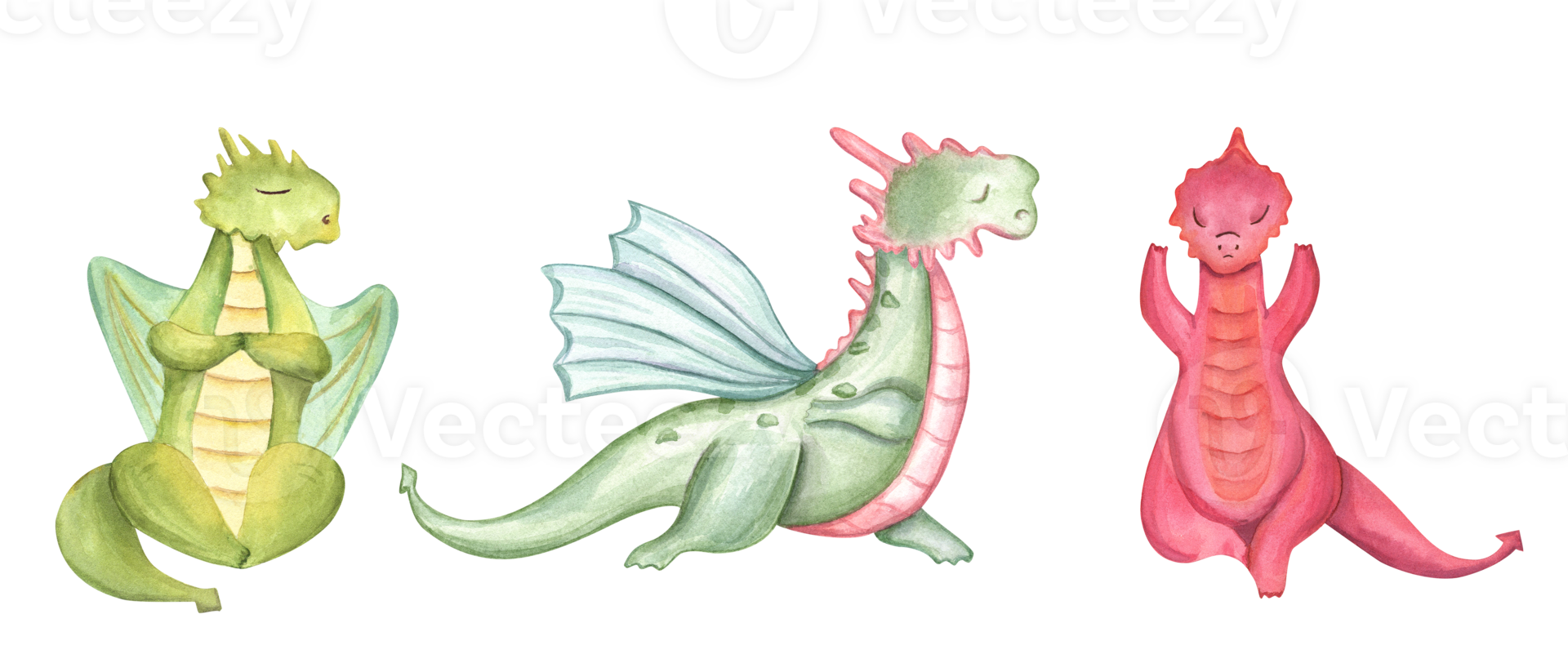 Stylish Dragons sitting in lotus pose and doing yoga. Winged animals meditation. Colored Dragon practicing fitness exercises. Cartoon style. Watercolor illustration for design. png