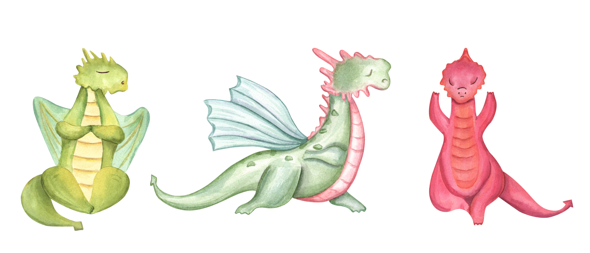 Stylish Dragons sitting in lotus pose and doing yoga. Winged animals