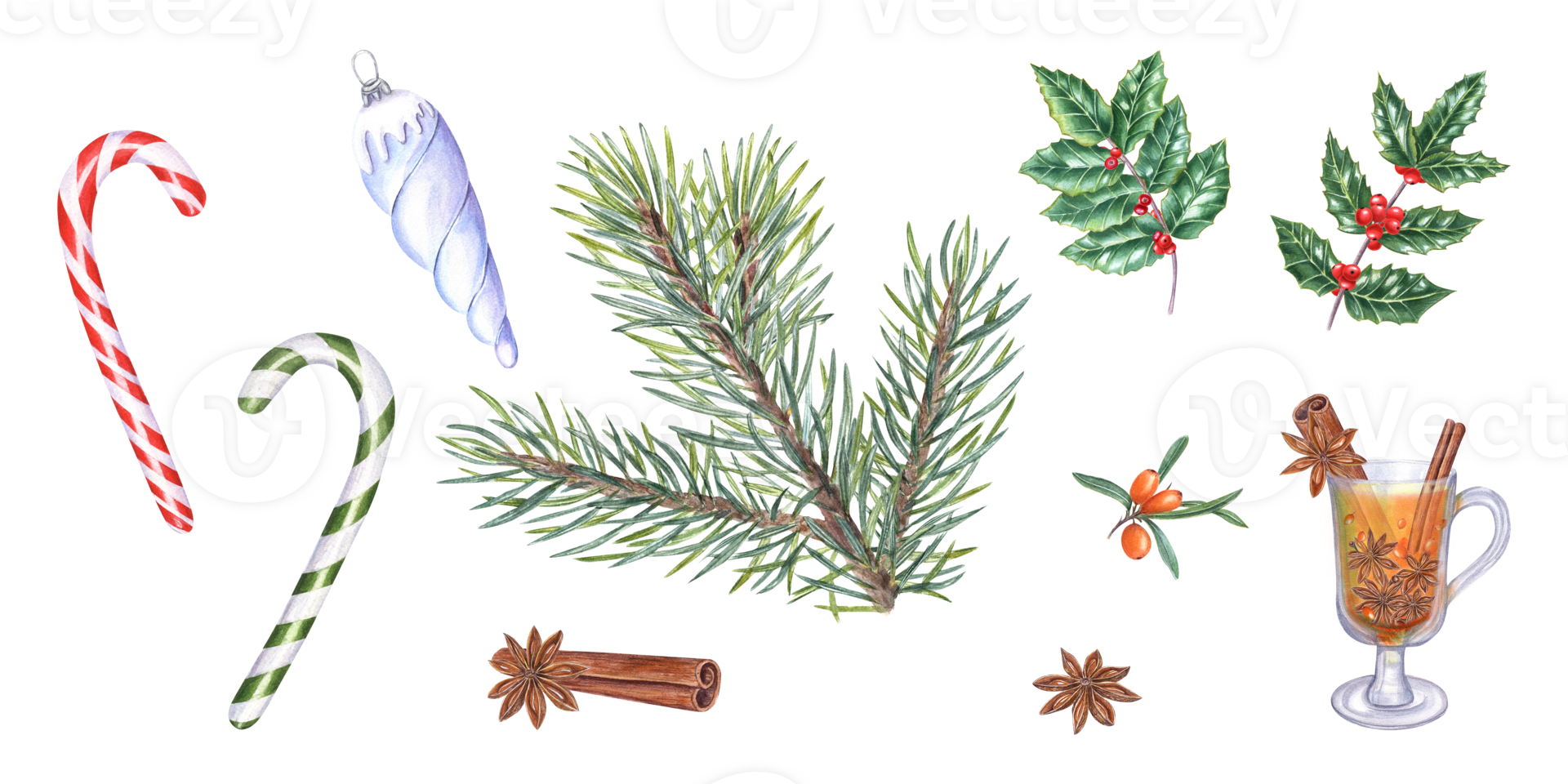 Watercolor Christmas symbols, accessories. Spruce branch, glass cup of warming drink, cinnamon stick, star anise, green ilex leaves with red berries, Xmas icicle, candy canes, sea buckthorn berries png