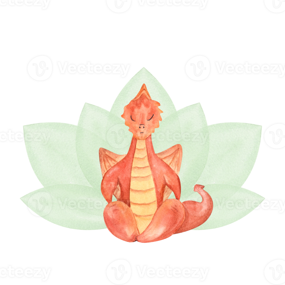 Cartoon Dragon sitting in lotus pose against the background of abstract waterlily flower. Animal practicing fitness exercises. Watercolor illustration for design png