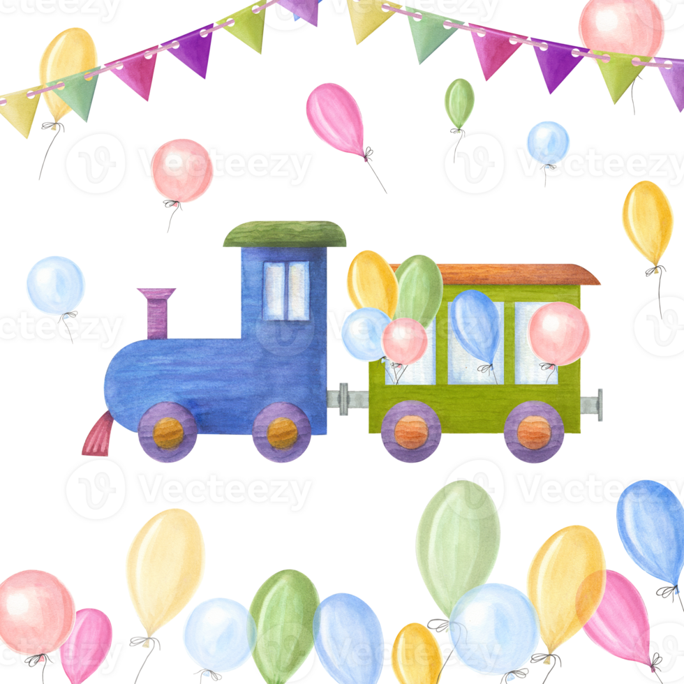 Watercolor illustration with kid wooden train, ballons, flags. Greeting card. Kid party. Child Toys. For print, poster, wallpaper, wrapping, nursery room decor. png