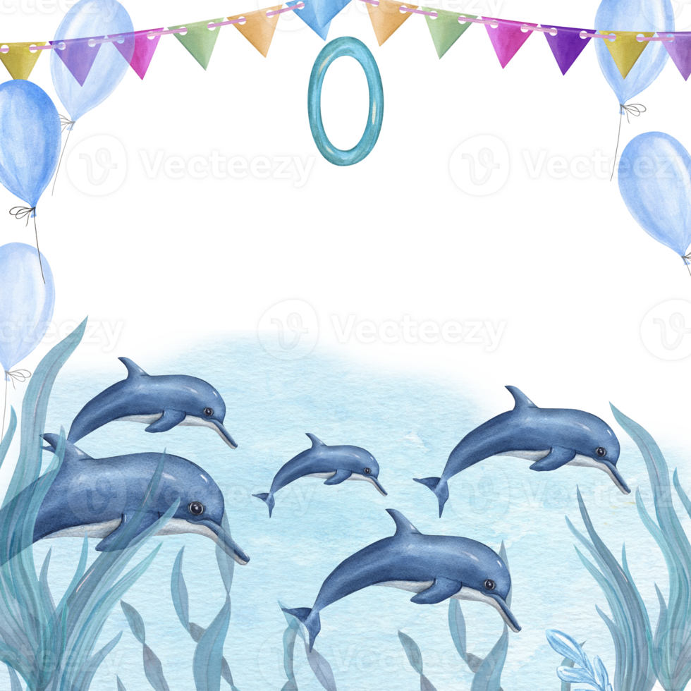 acuarela marina tarjeta para para niños cumpleaños con nadando delfines, globos, algas. mano pintado ilustración para saludo tarjeta, póster, tarjeta postal, invitación png