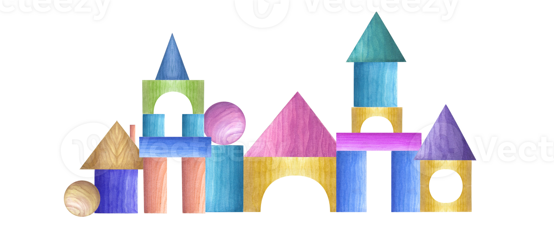 Castle built from wooden children blocks. Pyramid, cube, cone, ball, bricks. Child Toys. Games with kids. Watercolor illustration for print, poster, wallpaper, wrapping, png