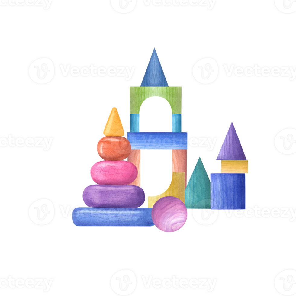 Wooden children blocks. Pyramid, cube, cone, ball, bricks. Child Toys. Games with kids. Watercolor illustration for print, poster, wallpaper, wrapping, png