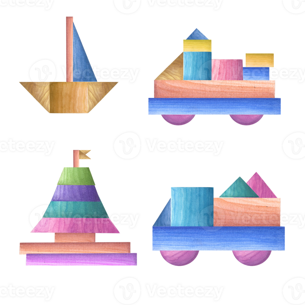 conjunto de niño de madera transporte construido desde niños de madera ladrillos barcos, carros, velero. pirámide, cubo, cono, pelota. niño juguetes juegos con niños. acuarela ilustración para imprimir, póster png