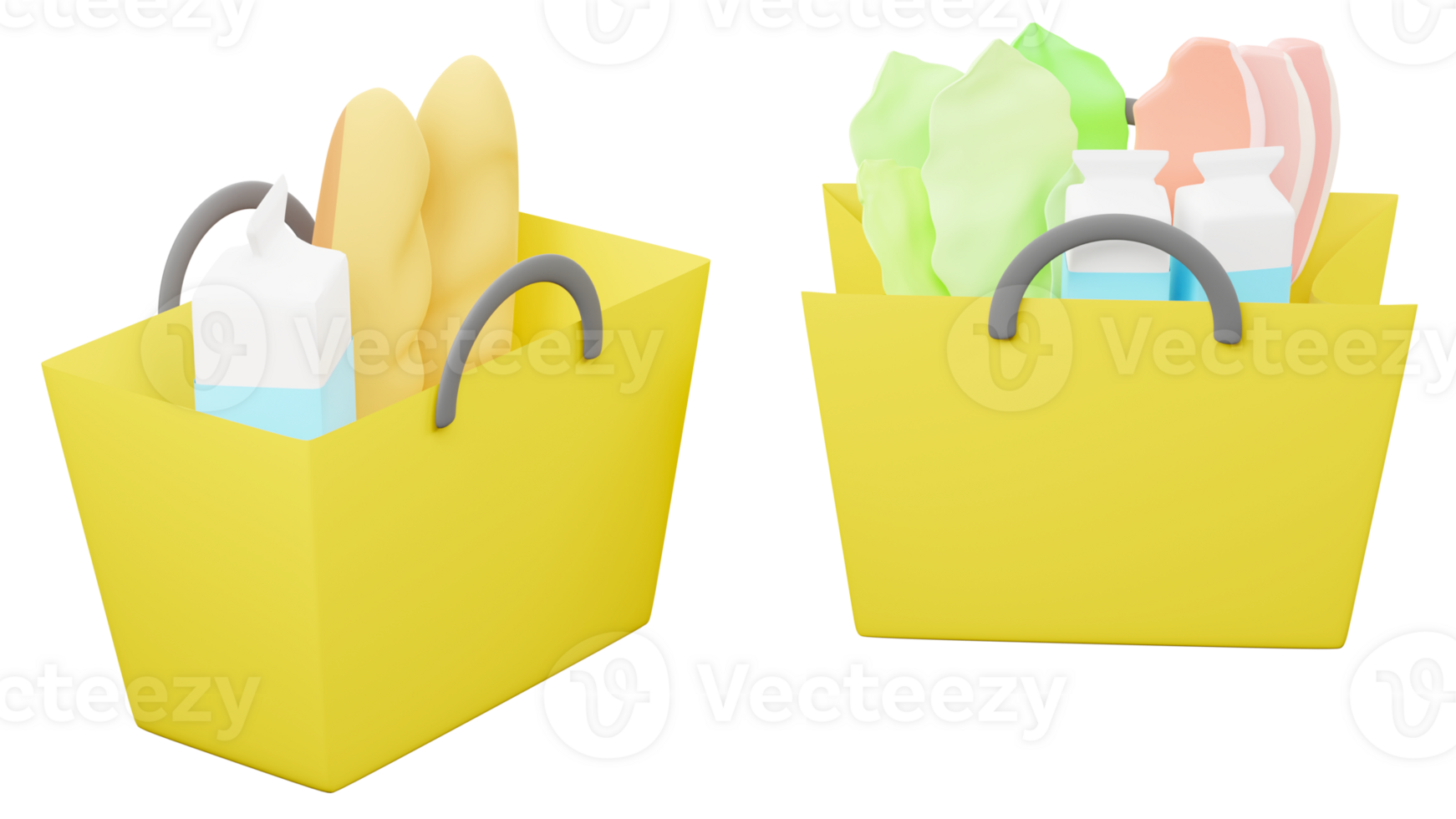 3D rendering of bread, milk, meat and vegetable in paper bag png