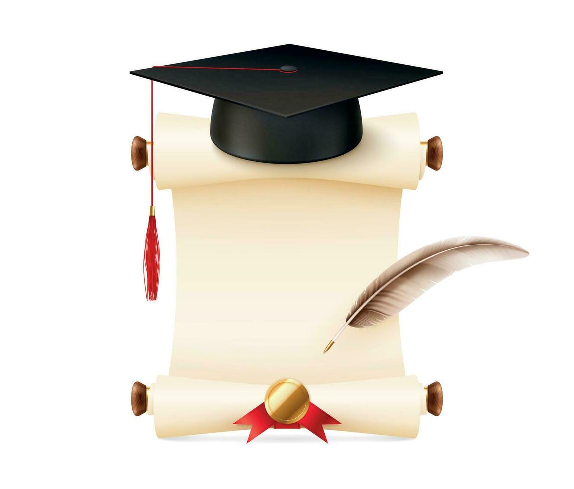graduación diploma sombrero composición vector