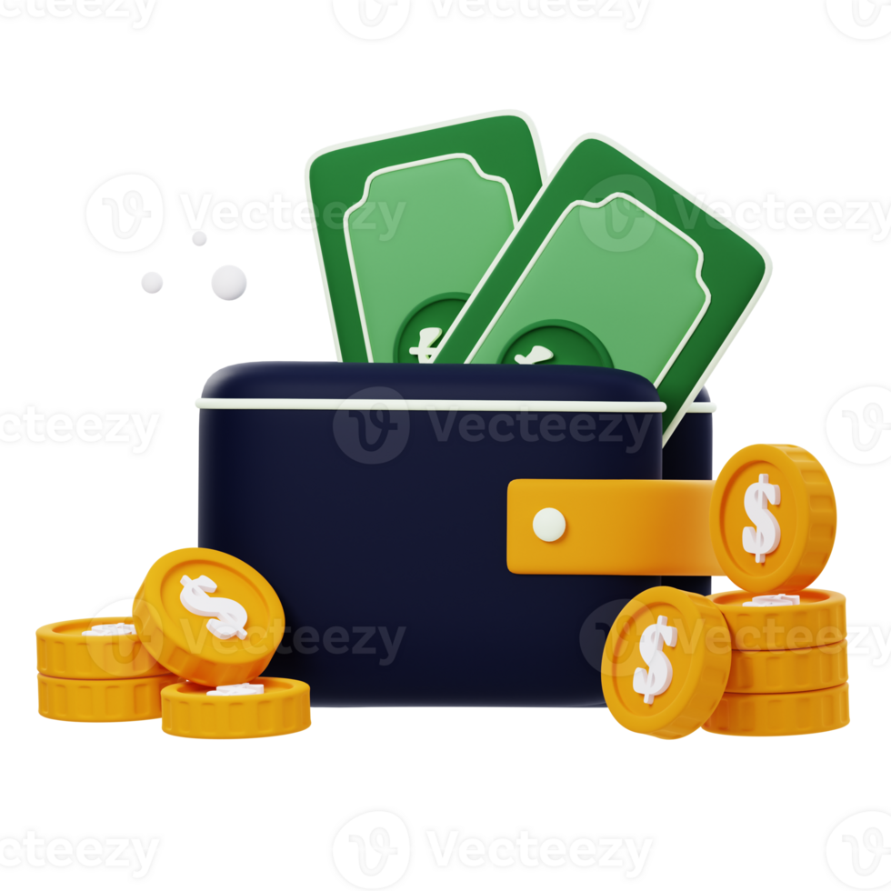 3D wallet dollar icon illustrations render of symbolic and versatile wallet dollar icon designs. Perfect for visually representing financial transactions, currency, and convenience in your projects. png