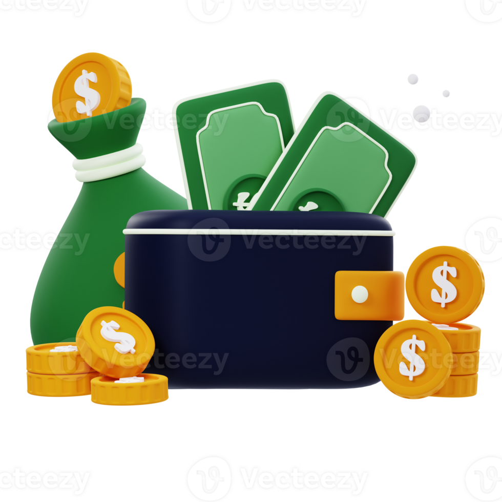 3D wallet dollar icon illustrations render of symbolic and versatile wallet dollar icon designs. Perfect for visually representing financial transactions, currency, and convenience in your projects. png