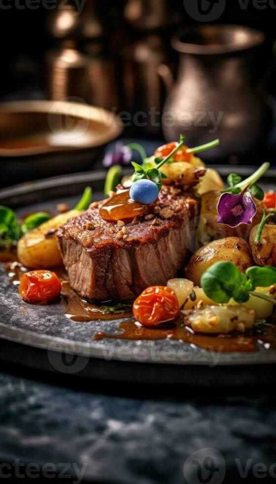 A close up of Lamb meat on a chopping board, ready to eat photo