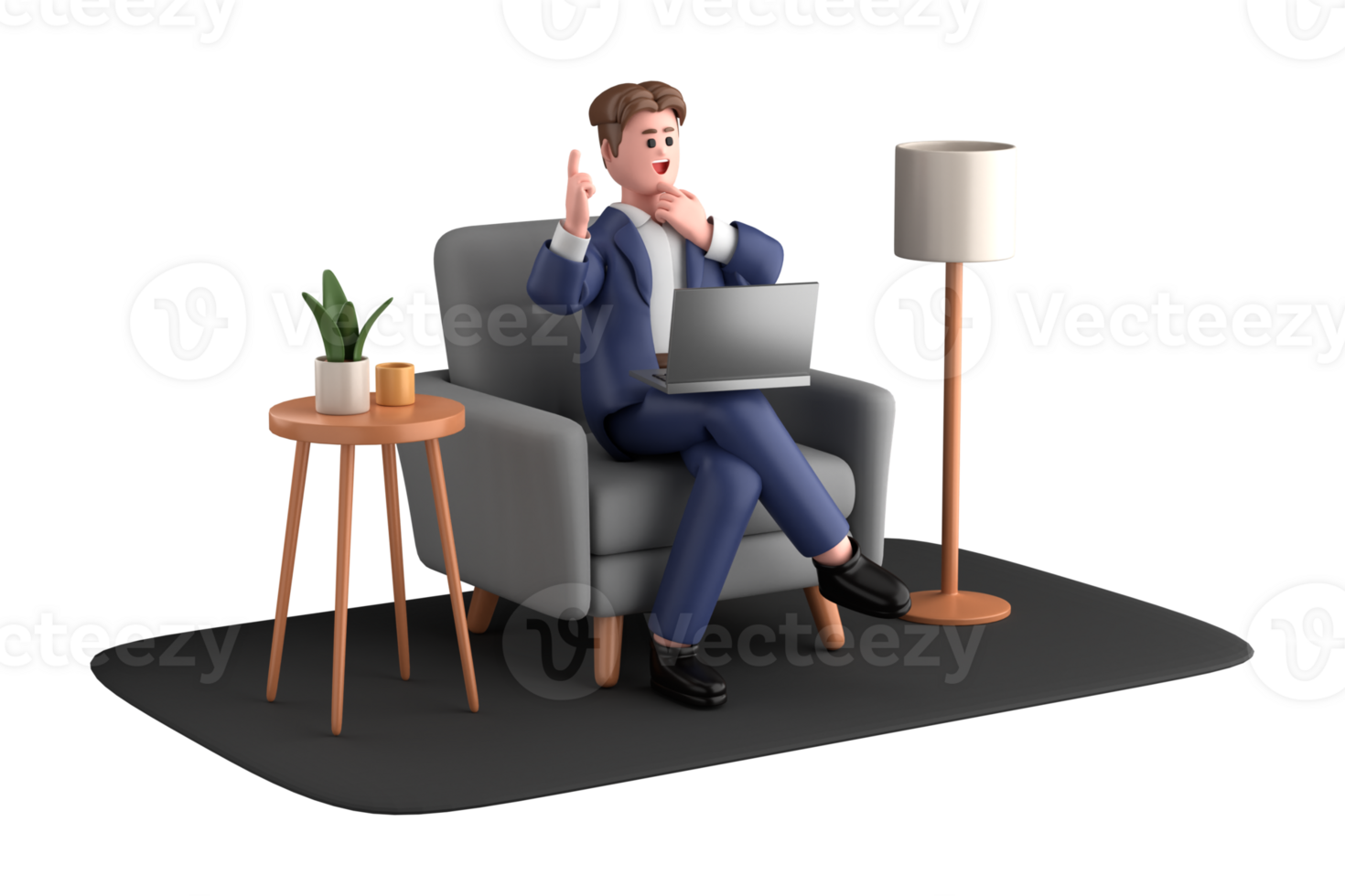 3d businessman executive pose sitting with laptop thinking about idea isolated on transparent background, 3d rendering png