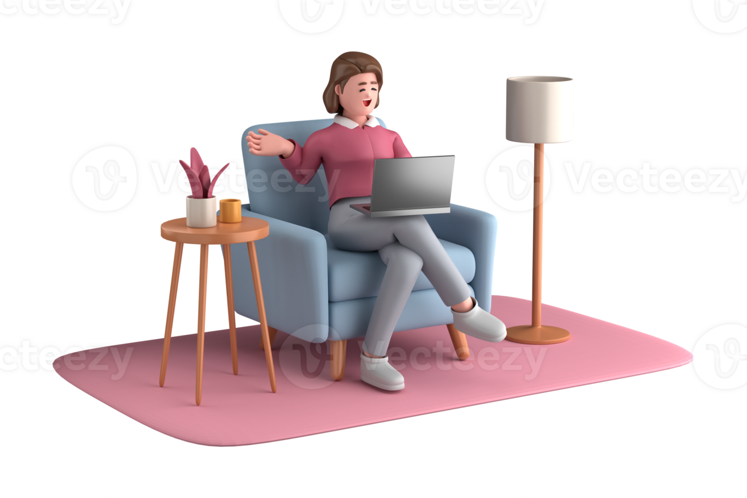 3d business woman executive pose sitting with laptop thinking about idea isolated on transparent background, 3d rendering png