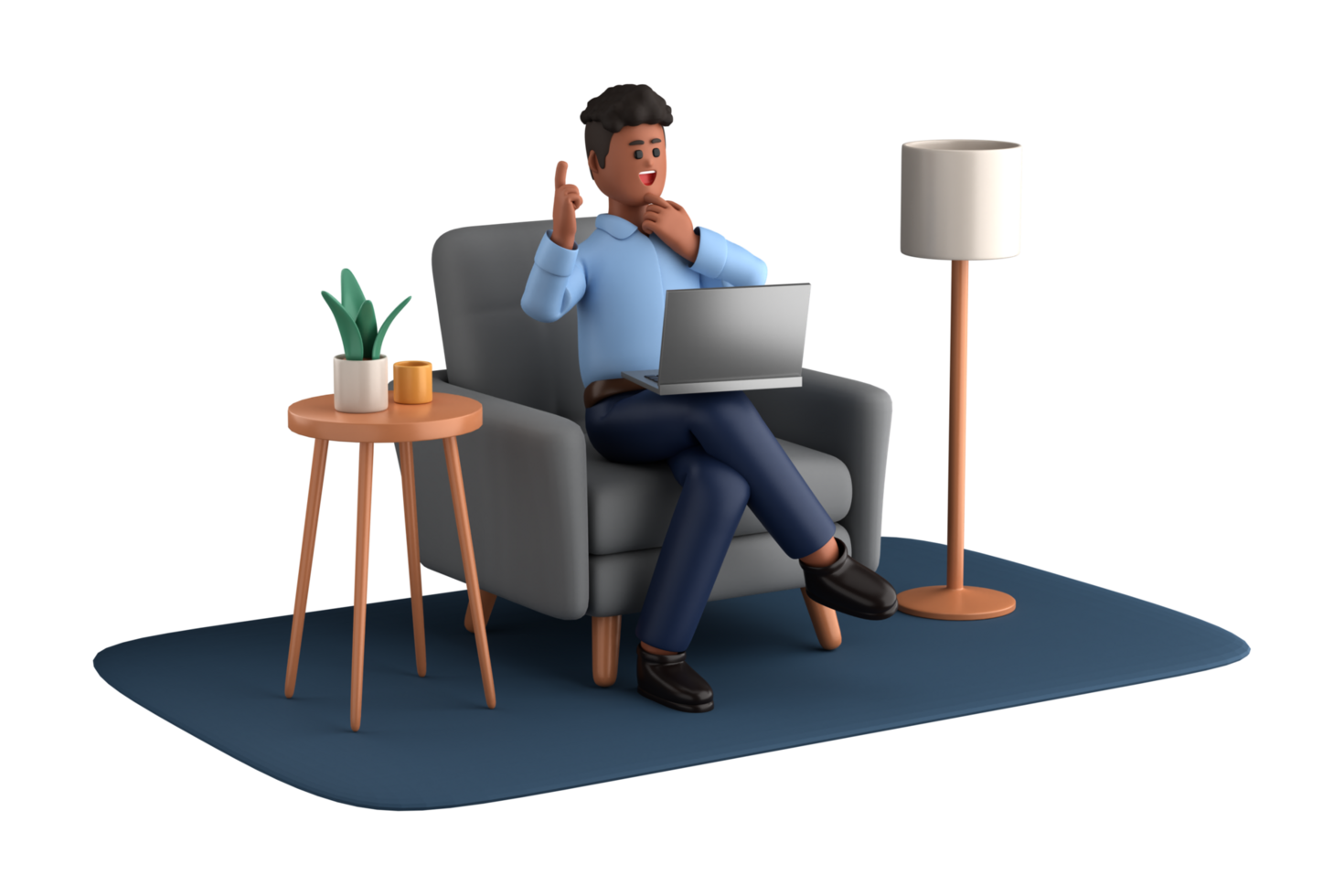 3d businessman executive pose sitting with laptop thinking about idea isolated on transparent background, 3d rendering png