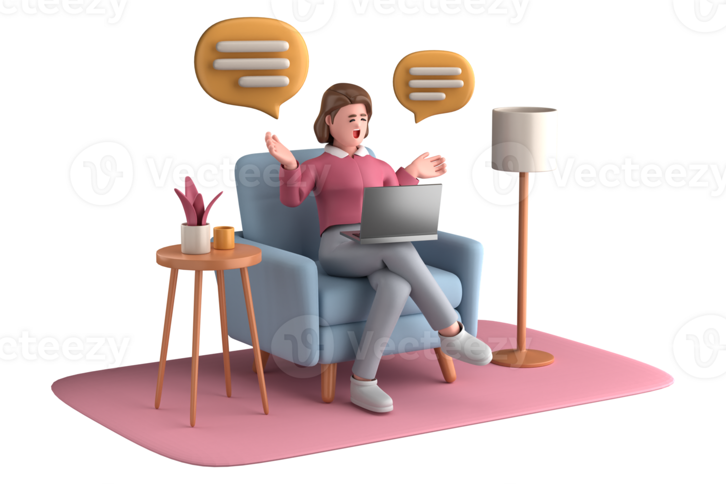 3d business woman executive pose sitting with laptop thinking about idea isolated on transparent background, 3d rendering png