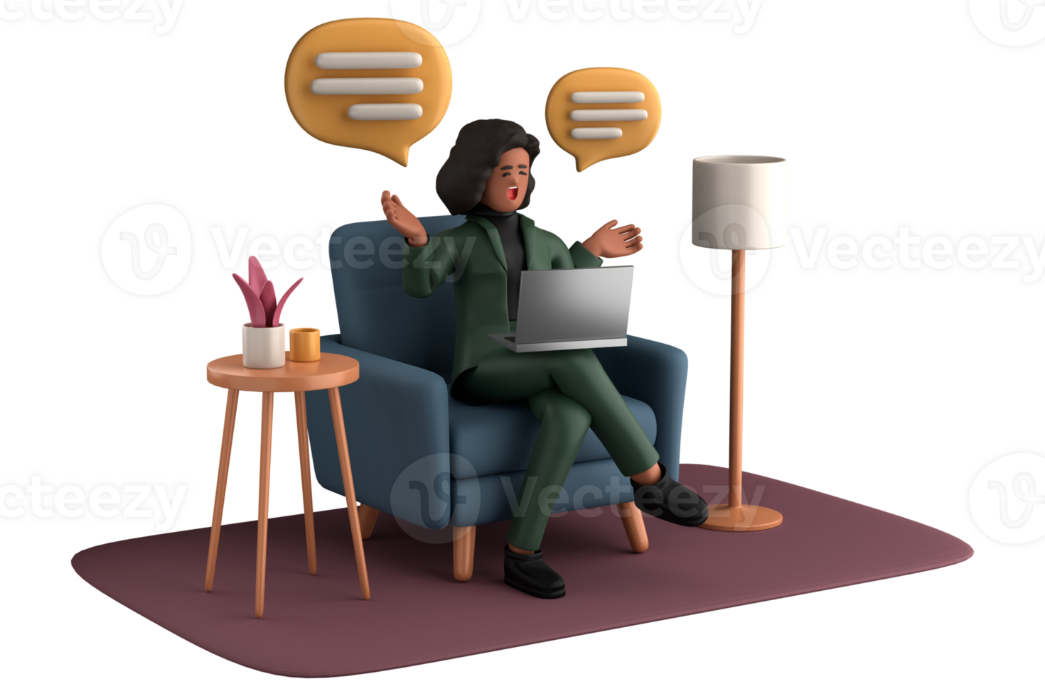 3d business woman executive pose sitting with laptop thinking about idea isolated on transparent background, 3d rendering png