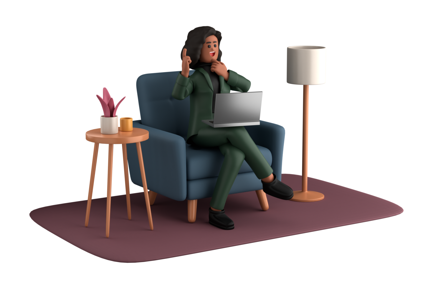3d business woman executive pose sitting with laptop thinking about idea isolated on transparent background, 3d rendering png