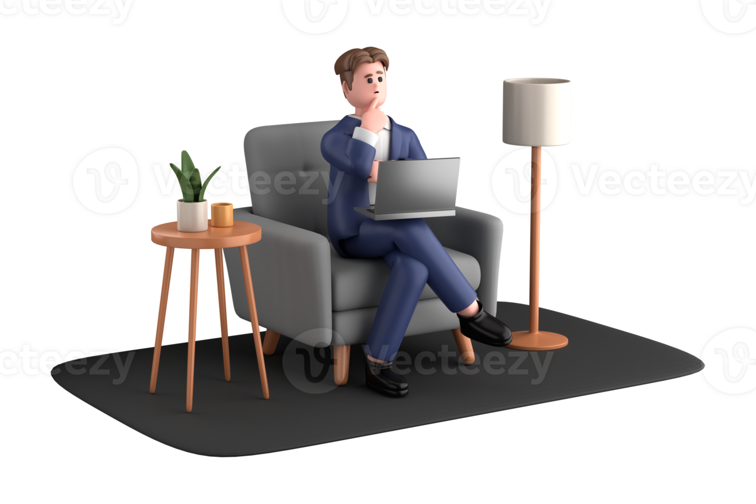 3d businessman executive pose sitting with laptop thinking about idea isolated on transparent background, 3d rendering png