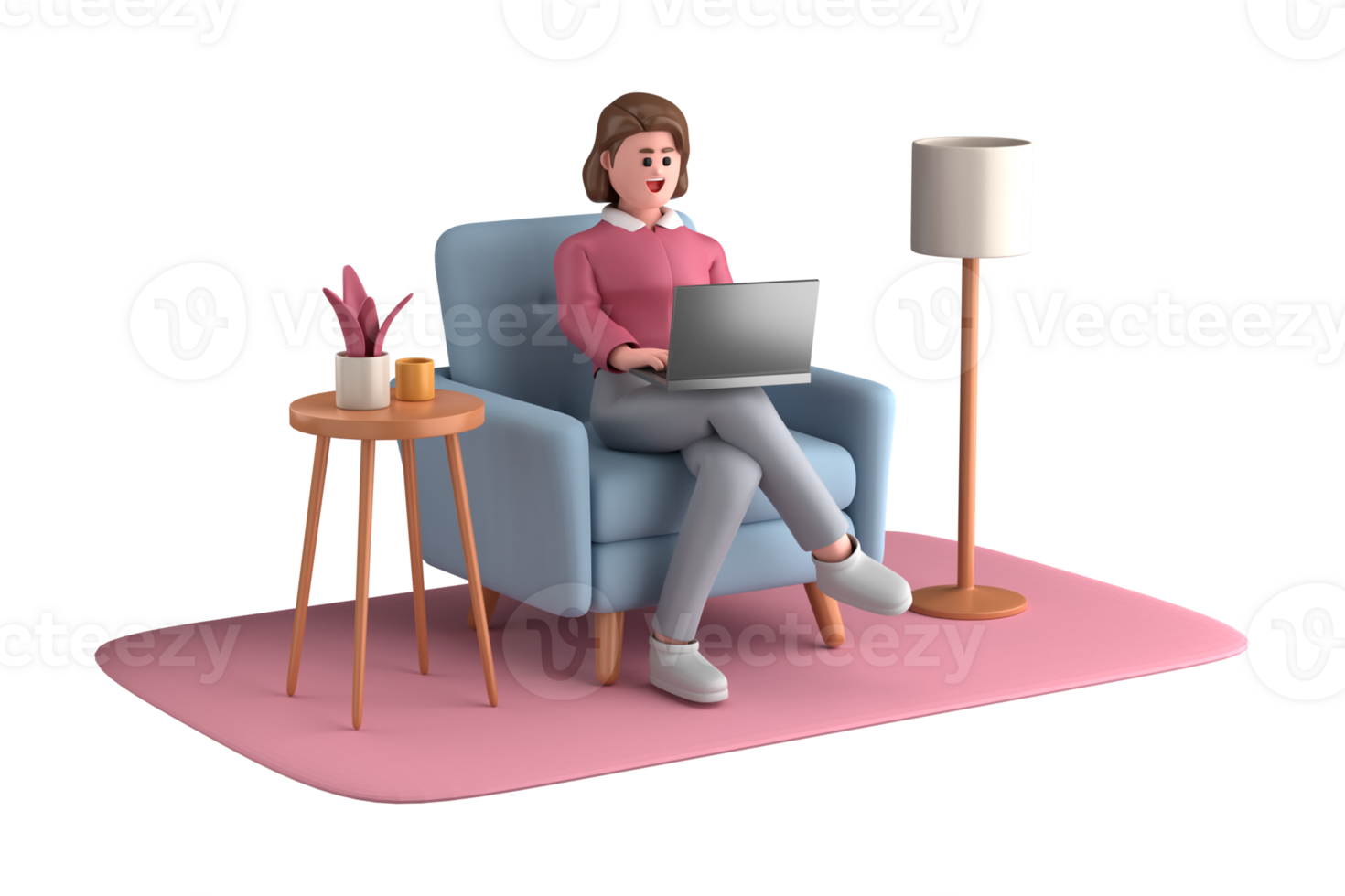 3d business woman executive pose sitting with laptop thinking about idea isolated on transparent background, 3d rendering png