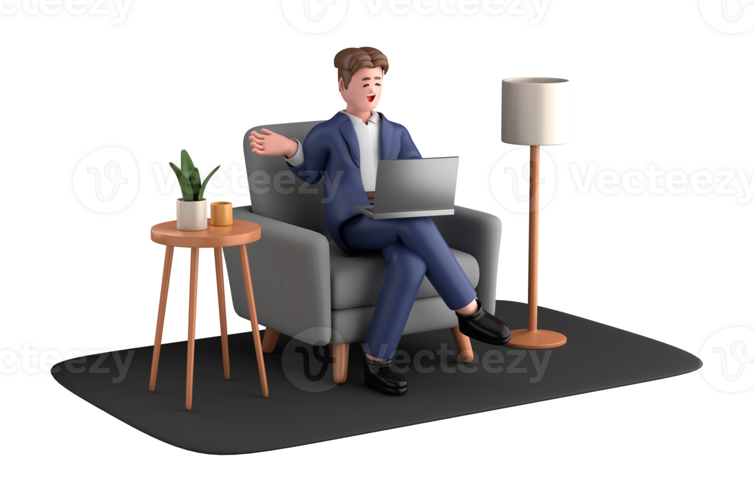 3d businessman executive pose sitting with laptop thinking about idea isolated on transparent background, 3d rendering png