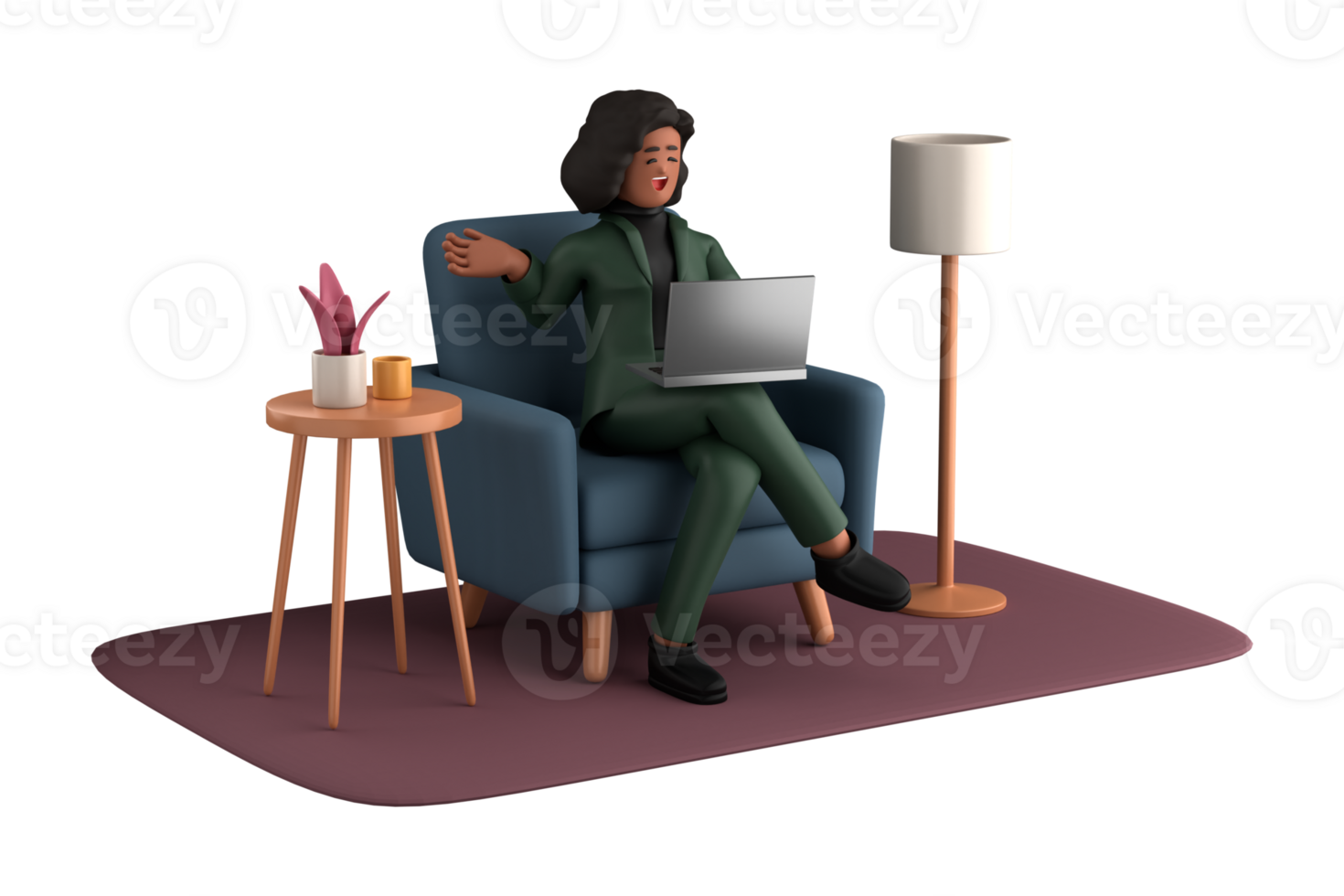 3d business woman executive pose sitting with laptop thinking about idea isolated on transparent background, 3d rendering png